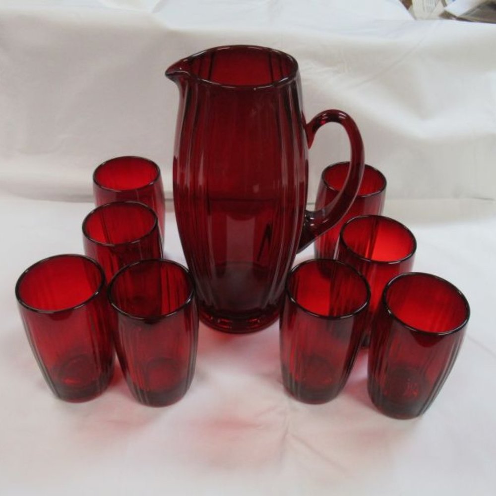 New Martinsville Glass Ruby Red OSCAR 9 Piece Pitcher and Tumblers Set-Scarce